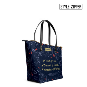 A Child Of God A Woman Of Faith A Warrior Of Christ Minimal Pattern TTRZ24106872IK Leather Tote Bag