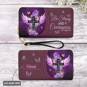 Be Strong And Courageous Joshua 1 9 Butterfly Purple Rose NNRZ11039478YF Zip Around Leather Wallet