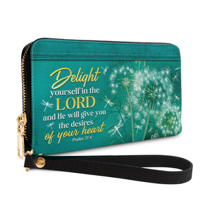 Delight Yourself In The Lord Psalm 37 4 Dandelion Dragonfly NNRZ11033753GH Zip Around Leather Wallet