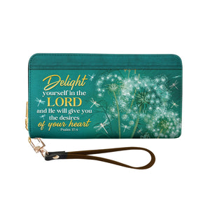 Delight Yourself In The Lord Psalm 37 4 Dandelion Dragonfly NNRZ11033753GH Zip Around Leather Wallet