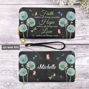 Faith Makes All Things Possible Dandelion Dragonfly NNRZ27034820NZ Zip Around Leather Wallet