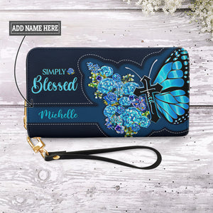 Simply Blessed Blue Butterfly Flower NNRZ11037895PX Zip Around Leather Wallet