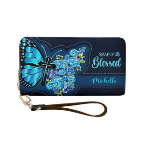 Simply Blessed Blue Butterfly Flower NNRZ11037895PX Zip Around Leather Wallet