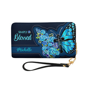 Simply Blessed Blue Butterfly Flower NNRZ11037895PX Zip Around Leather Wallet