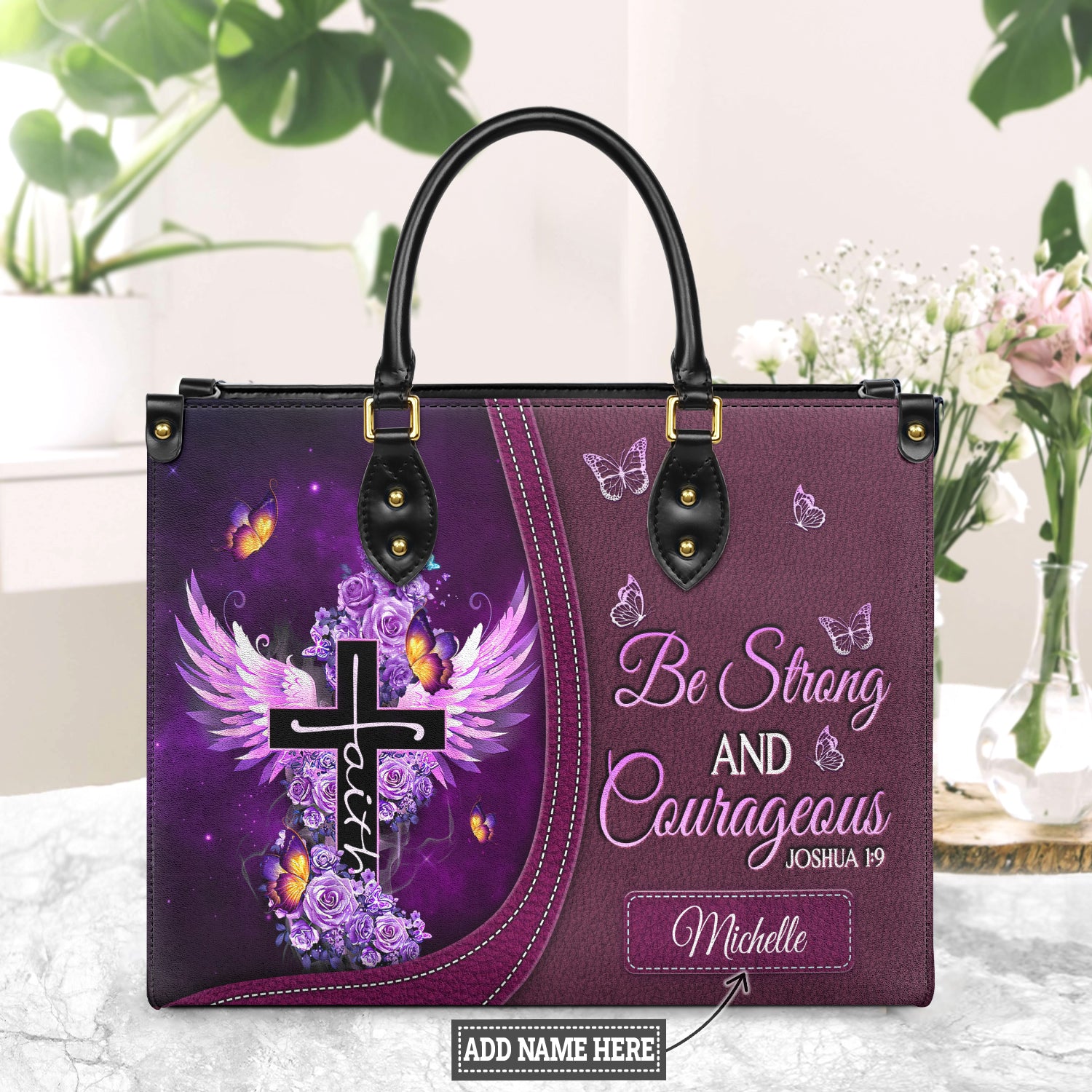 Be Strong And Courageous Joshua 1 9 Butterfly Purple Rose DNRZ1601003A Leather Bag